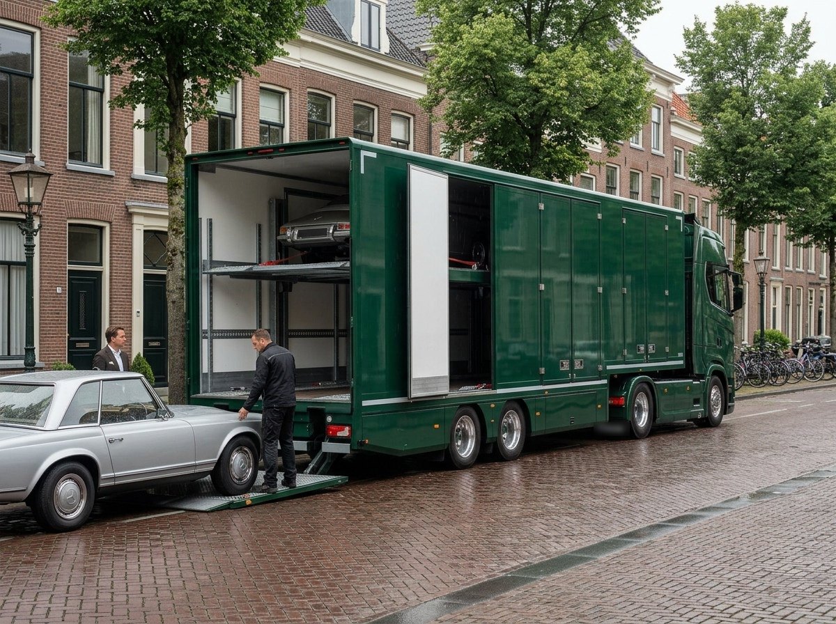 Autotransporter met opgehaalde klassiekers, voor de deur van de verkoper, zoals wij ook uw Range Rover Classic gratis ophalen